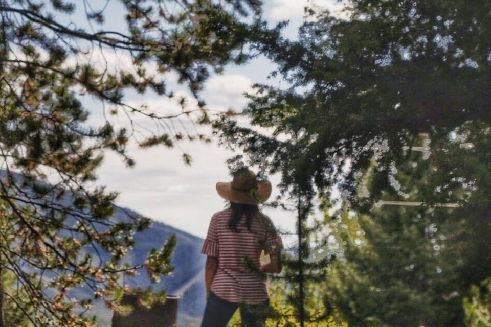 A person standing on a rocky path surrounded by trees and mountains in the background.