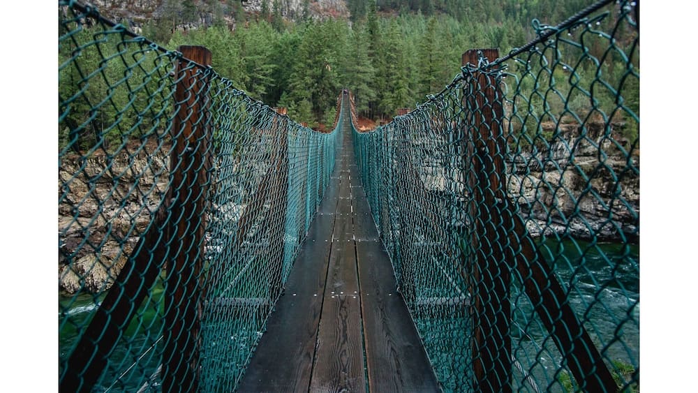 Un pont suspendu doté d’une passerelle en bois, entouré de collines boisées et bordé d’une falaise rocheuse.