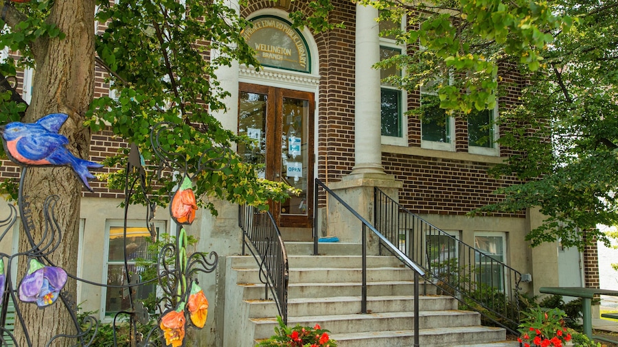 A Wellington Branch Public Library with a brick facade, a wooden door, and a sign above the entrance.