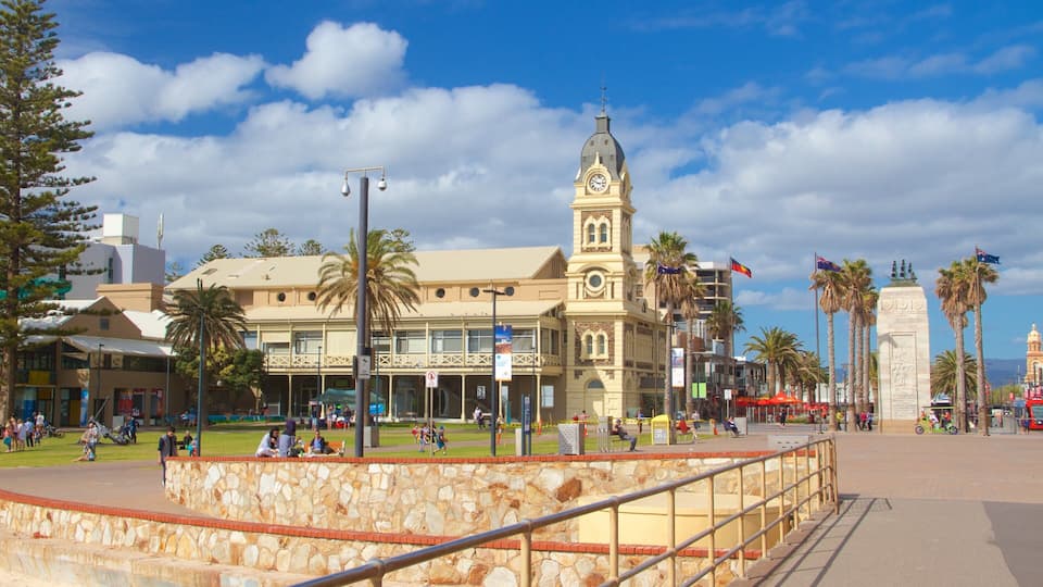 Glenelg Jetty featuring a square or plaza, heritage architecture and city views