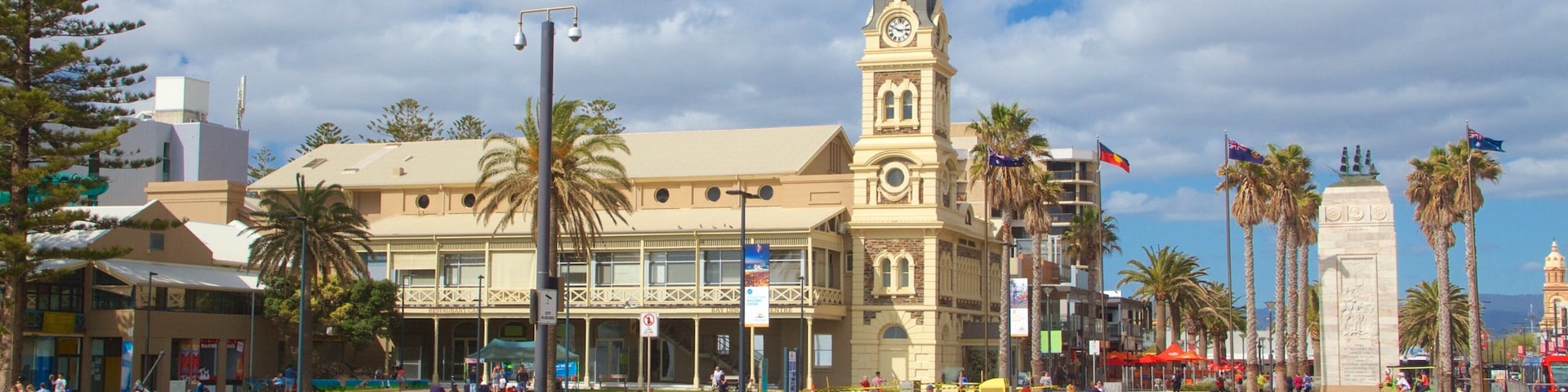 Glenelg Jetty featuring a square or plaza, heritage architecture and city views