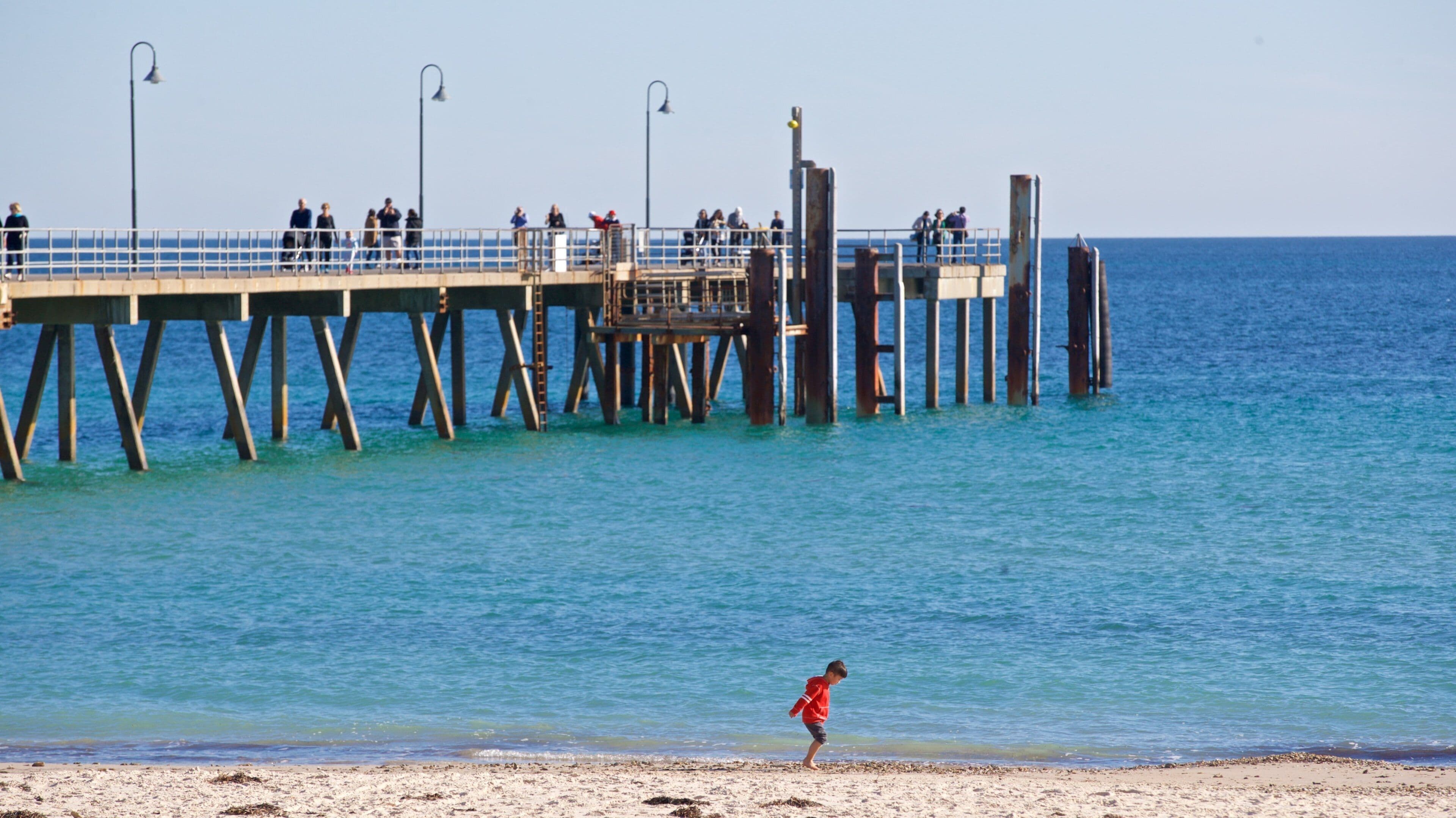 Glenelg Jetty featuring a sandy beach and general coastal views as well as an individual child