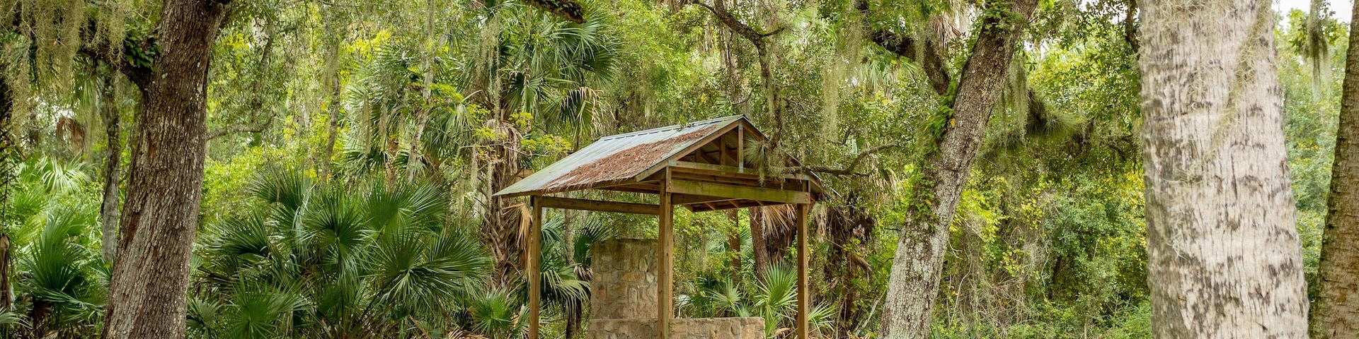A gazebo in a lush, green forest with moss-covered trees and a stone base.