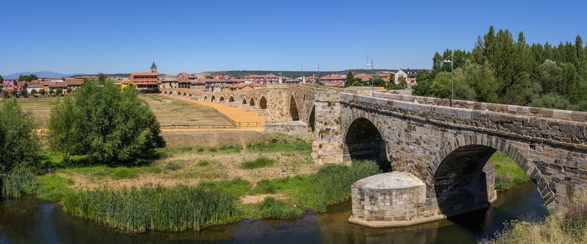 A stone bridge over a river, surrounded by greenery and a town in the background.