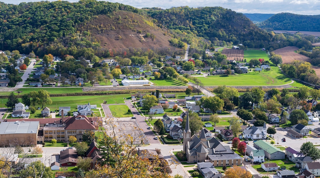 overlooking rushford from magelssen bluff park and bluffs on horizon in driftless region of southern minnesota