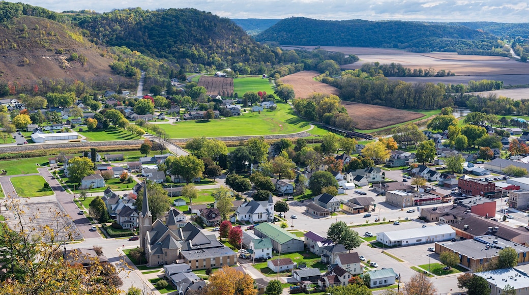 overlooking rushford and farm fields viewed from atop magelssen bluff park in driftless region of southeastern minnesota