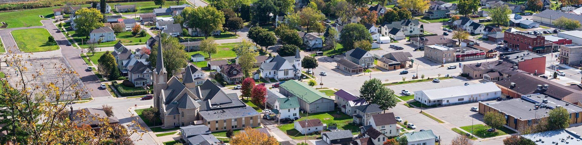 overlooking rushford and farm fields viewed from atop magelssen bluff park in driftless region of southeastern minnesota