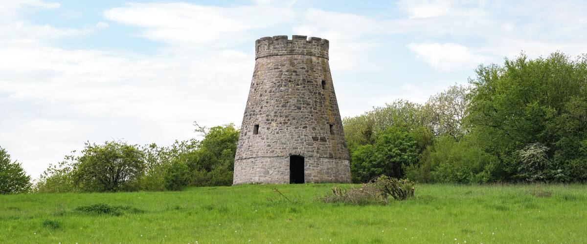 A stone tower in a grassy field with trees in the background.