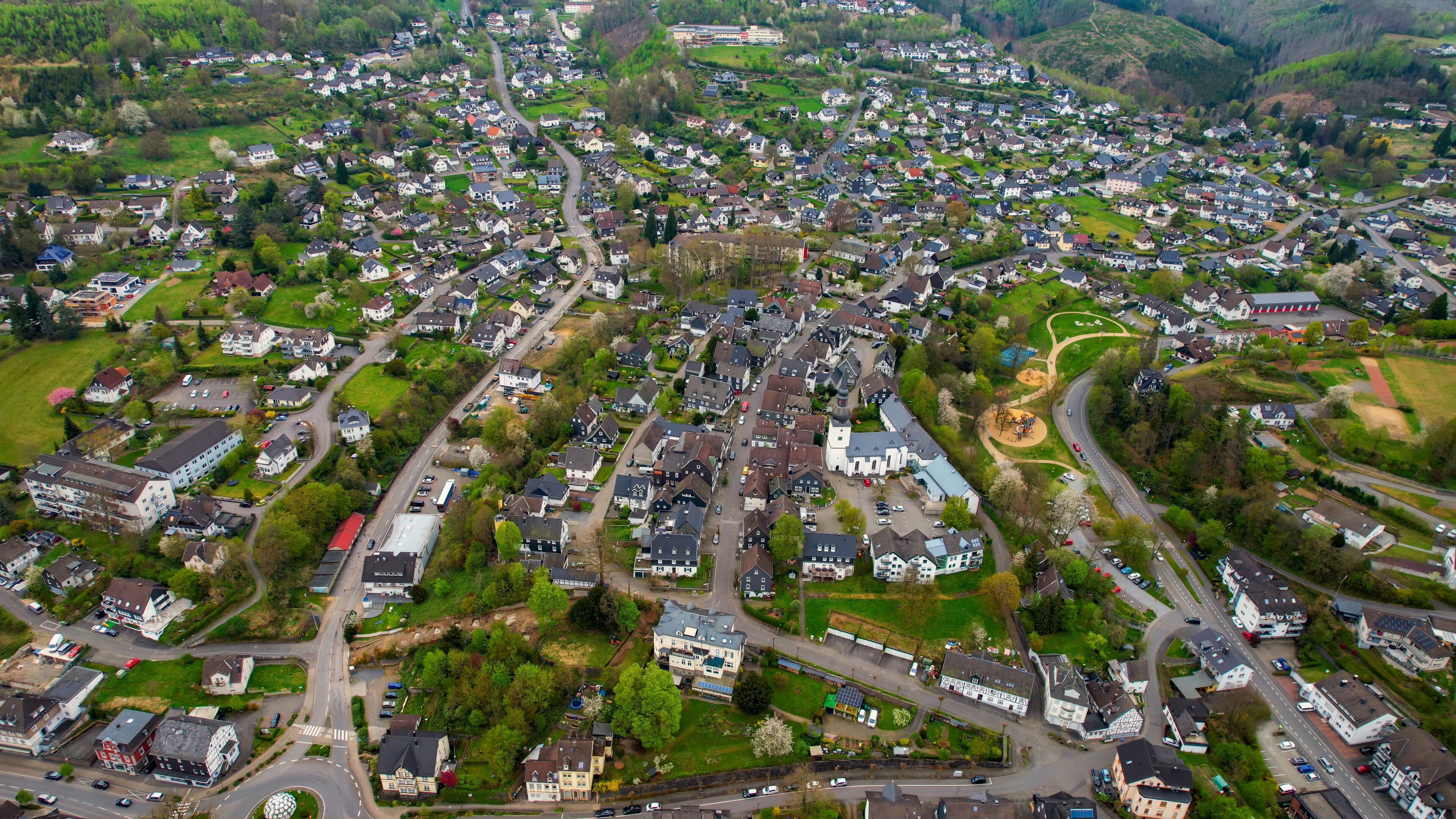 Aerial view around the old town of the city Bergneustadt, Germany on a sunny spring morning