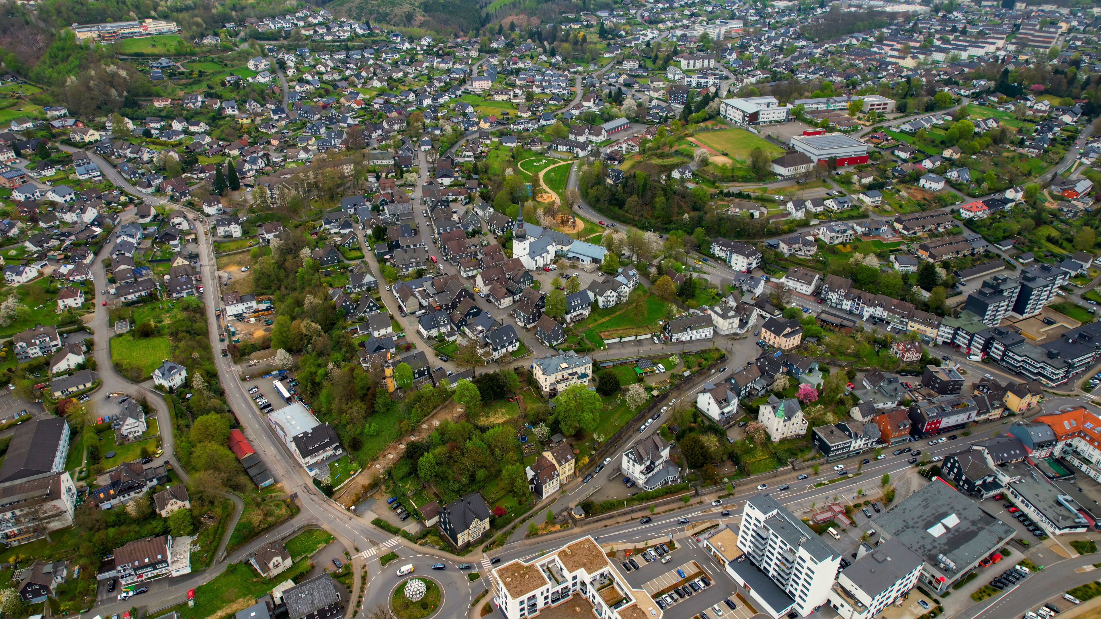 Aerial view around the old town of the city Bergneustadt, Germany on a sunny spring morning