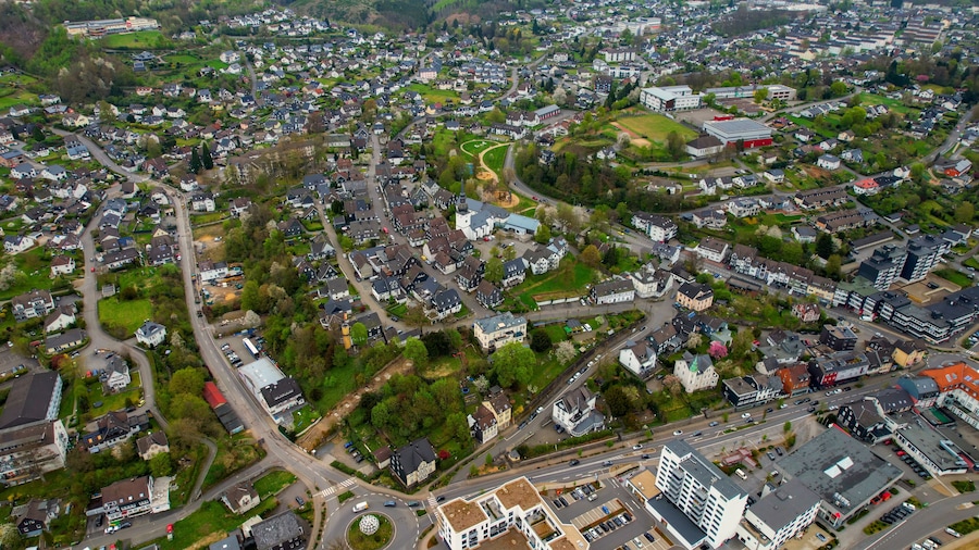 Aerial view around the old town of the city Bergneustadt, Germany on a sunny spring morning