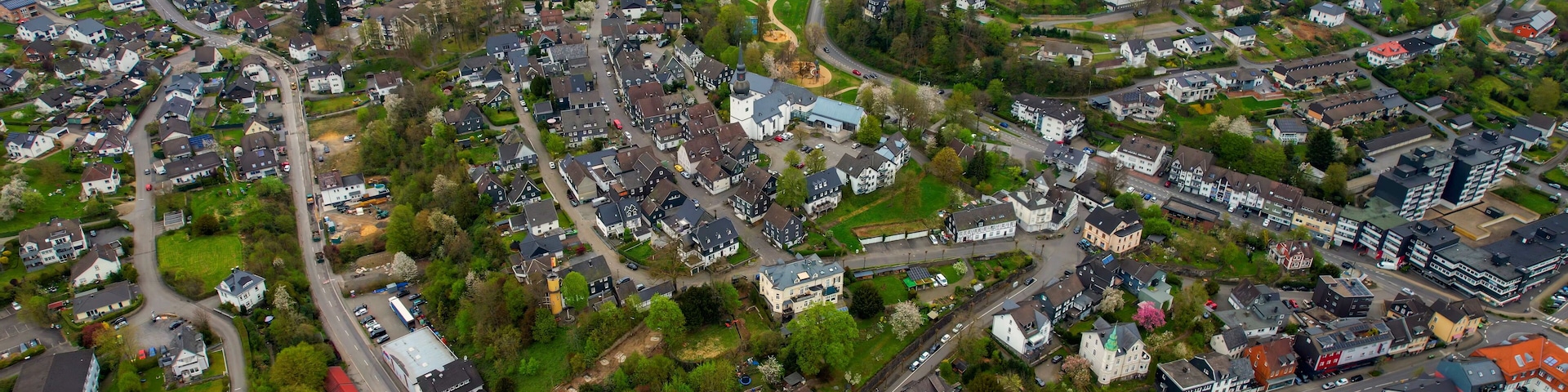 Aerial view around the old town of the city Bergneustadt, Germany on a sunny spring morning