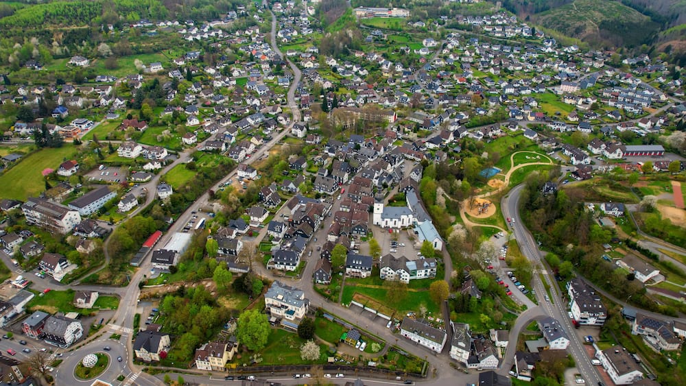 Aerial view around the old town of the city Bergneustadt, Germany on a sunny spring morning
