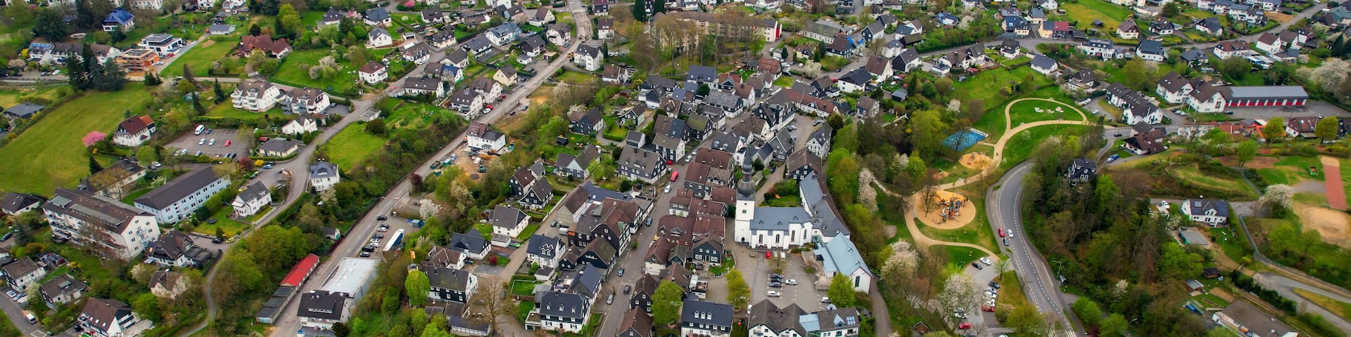 Aerial view around the old town of the city Bergneustadt, Germany on a sunny spring morning