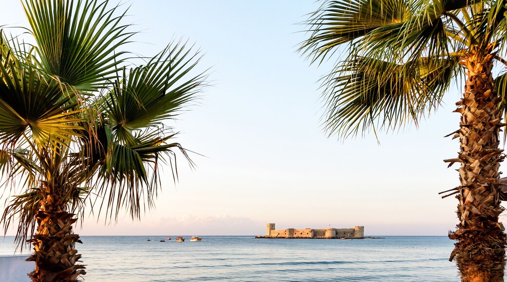 Mersin, Turkey - August 16, 2019: Maiden's castle, Kiz Kalesi with palm in Mediterranean Sea. Mersin Turkey