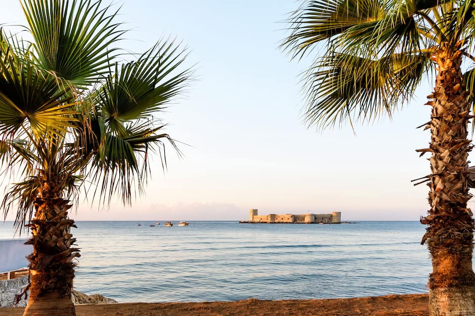 A coastal scene with palm trees, calm sea, and a historic fort in the background.