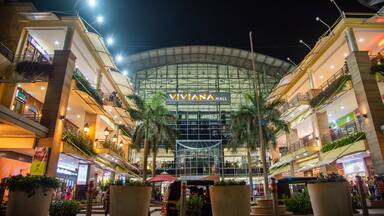 Un centre commercial Viviana doté d’une façade en verre, de palmiers et de plusieurs niveaux abritant des boutiques et des restaurants.