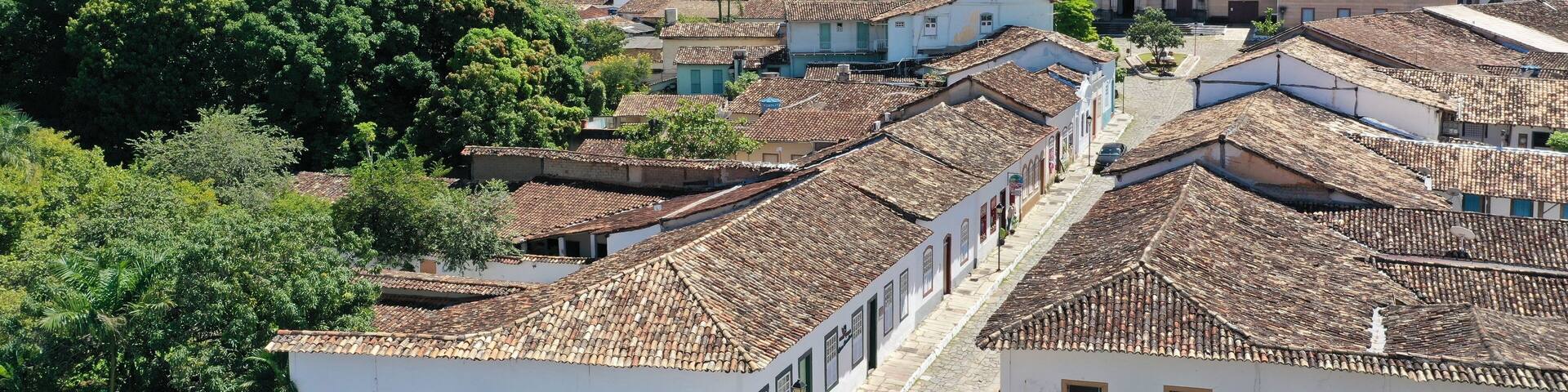 Panoramic view of the historical city of Cidade de Goias with cobblestone streets and colorful colonial houses. Goias, Brazil