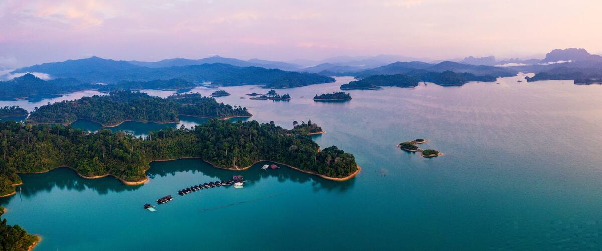 Aerial view of Khao Sok national park at sunrise, in Cheow lan lake, Surat Thani, Thailand
