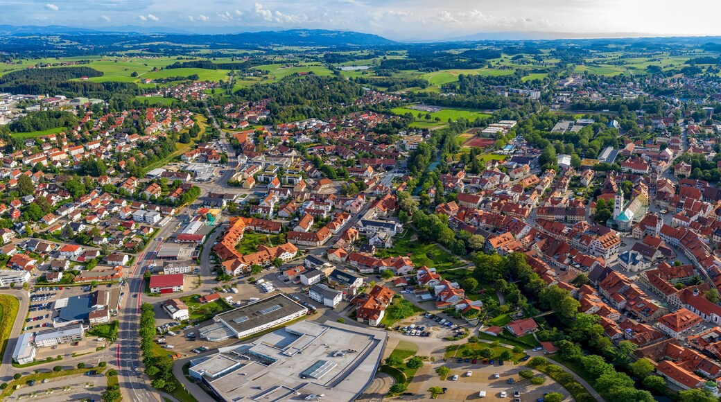 Panoramic aerial view from drone to the ancient historical medieval old town. Wangen, Germany