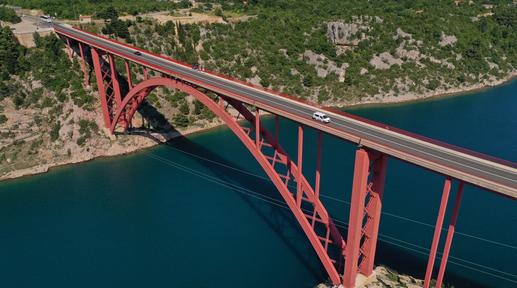 A red bridge spanning a river with a town in the background.