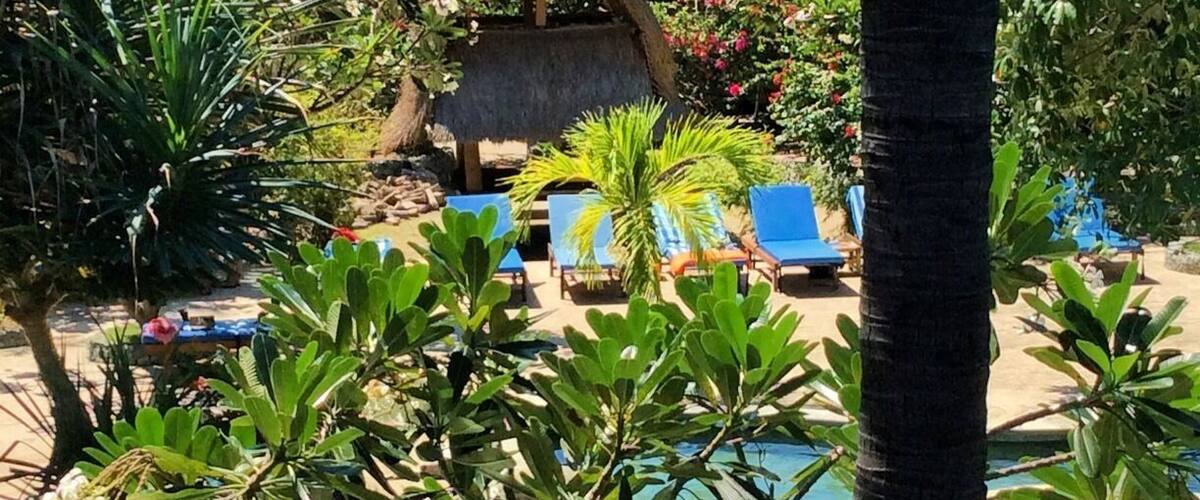 A poolside area with blue lounge chairs, a thatched-roof structure, and lush tropical vegetation.