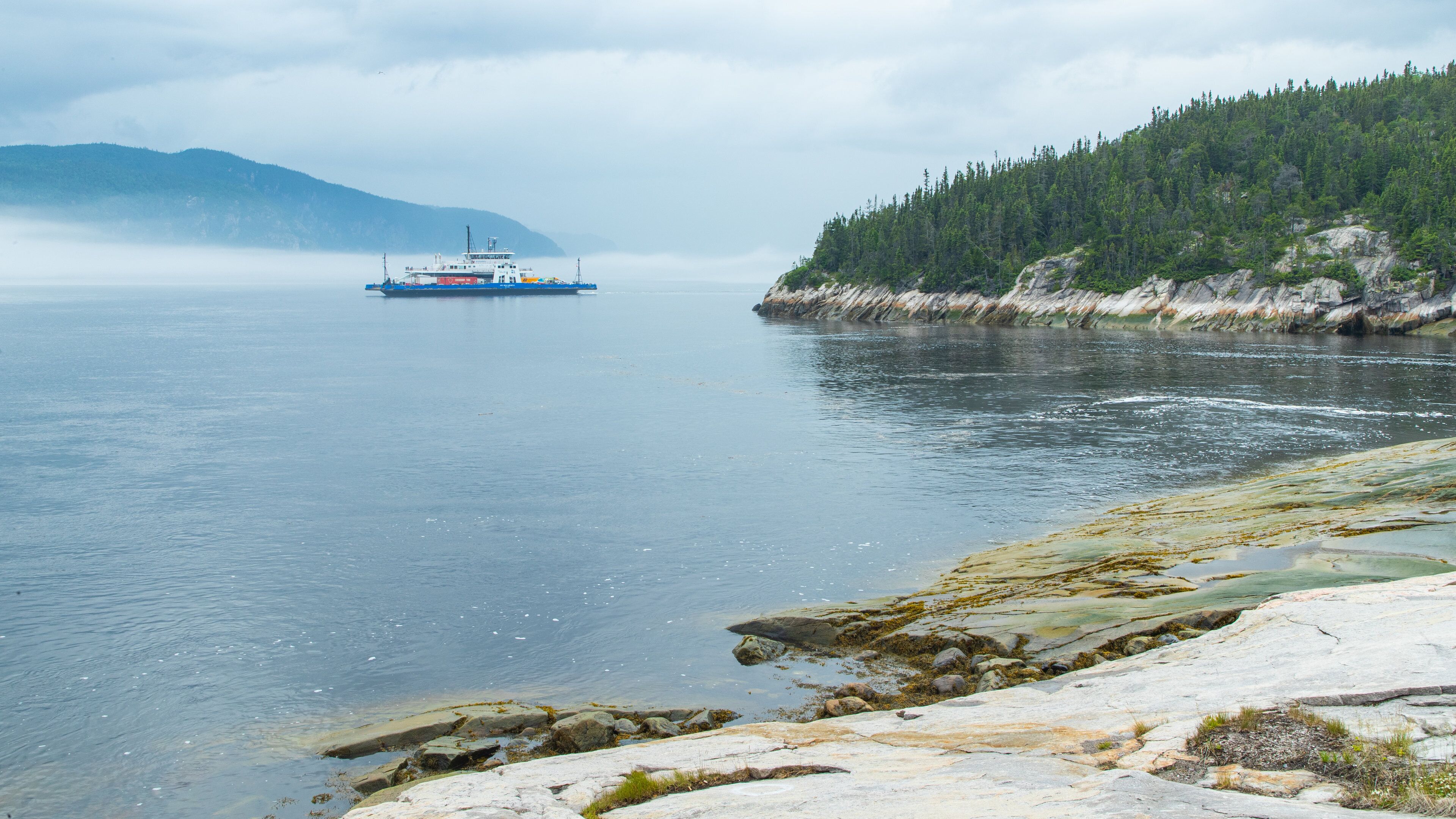 Sentier de la Pointe-de-l\'Islet featuring general coastal views, boating and mist or fog