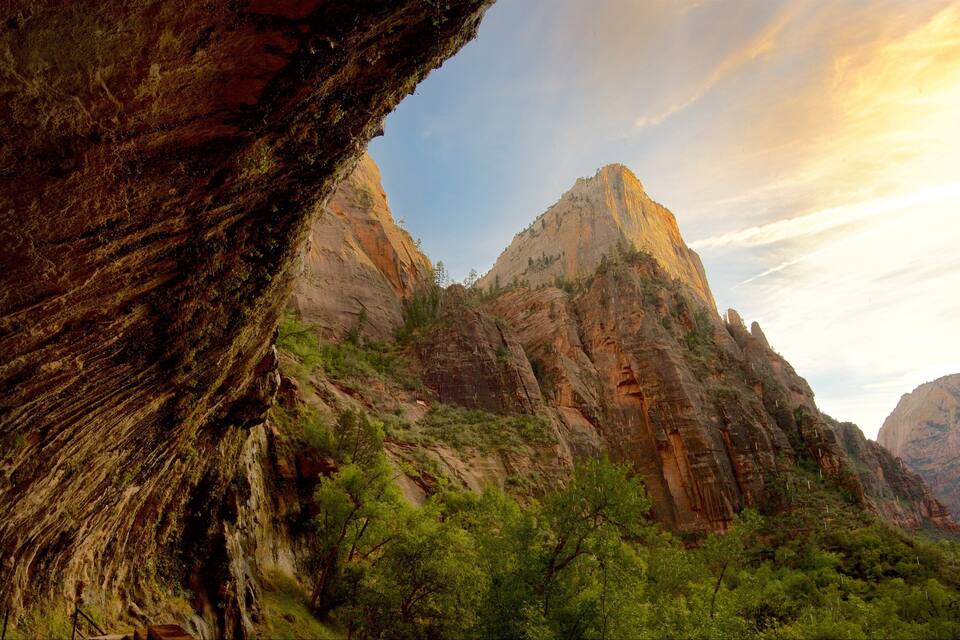 A canyon with steep cliffs and lush green vegetation.