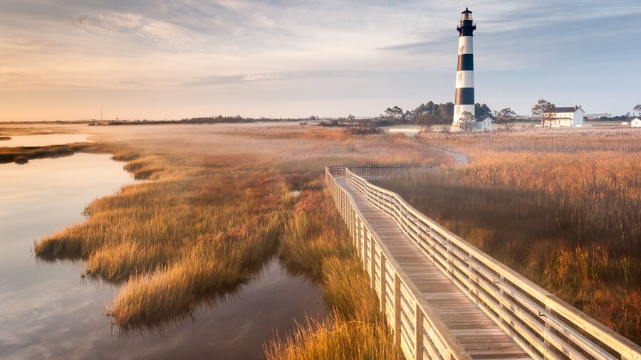 North Carolina Outer Banks Bodie Island Lighthouse Autumn Morning Marsh Boardwalk, Shutterstock ID 164239178, purchase_order: SP-1269 HA 2018 Batch 1, Order: , client: , other: