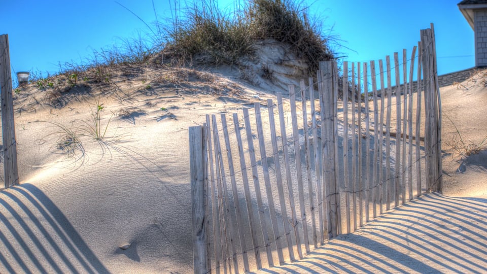 A sandy beach with a wooden fence and sparse vegetation.