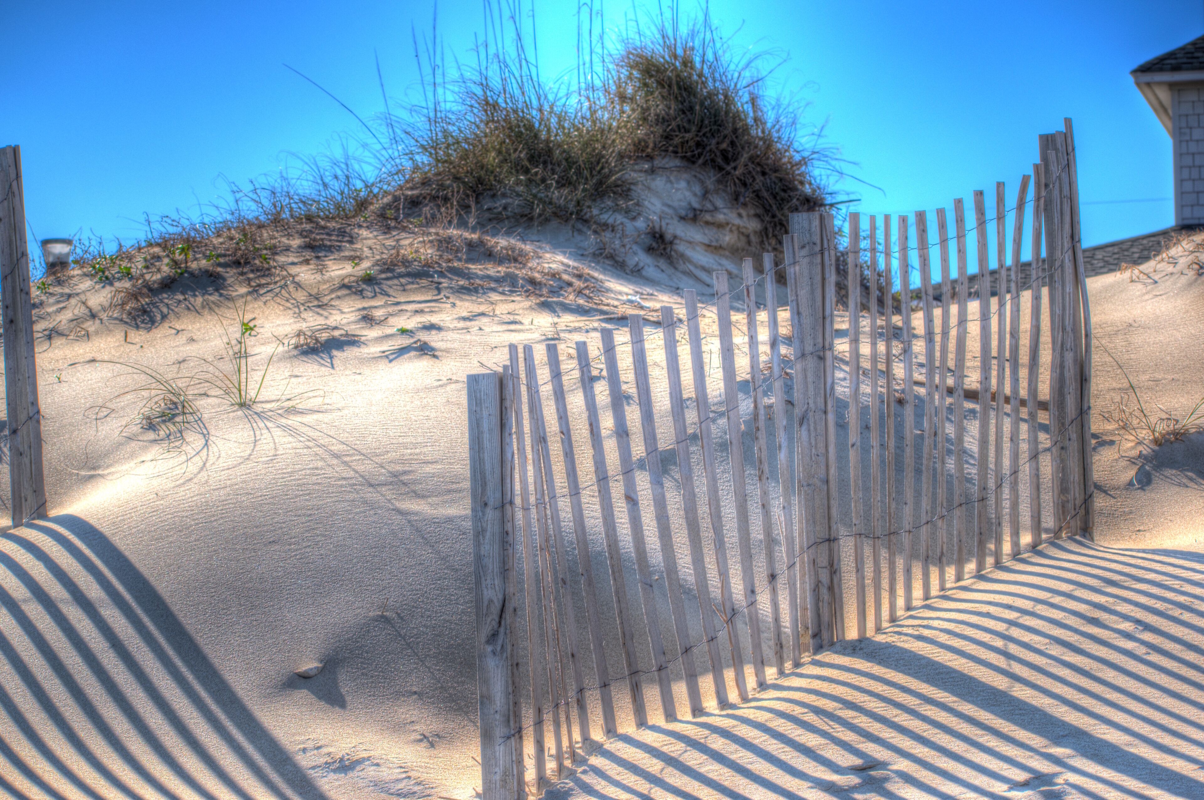 A sandy beach with a wooden fence and sparse vegetation.