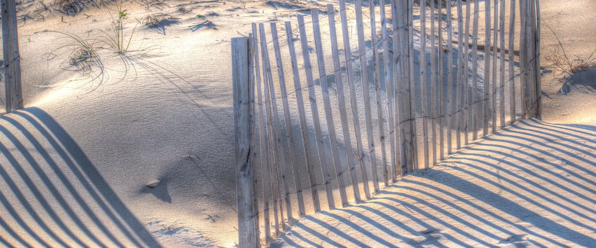 A sandy beach with a wooden fence and sparse vegetation.