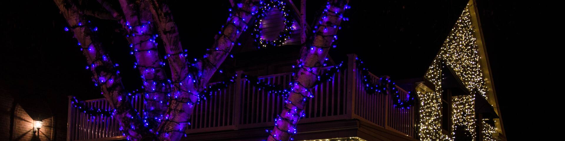 Christmas lights and decorations on main street in downtown Rochester Hills, Michigan