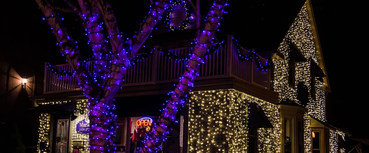 A house decorated with lights, a tree with blue lights, and a neon sign.