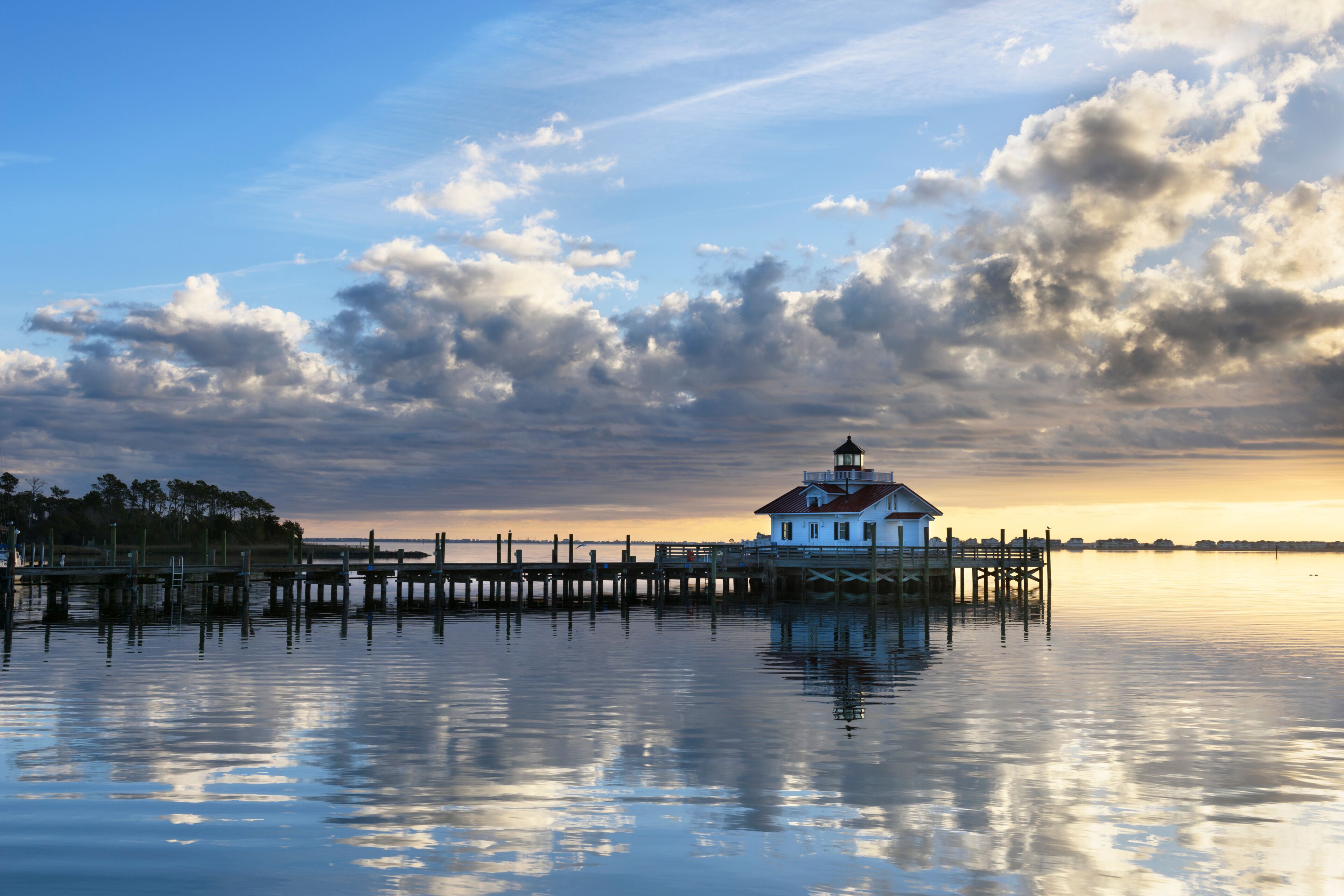 Roanoke Marshes Lighthouse at Sunrise with Dramatic Sky - Manteo, North Carolina