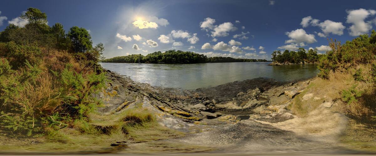 A lake surrounded by rocky shores and dense forest.