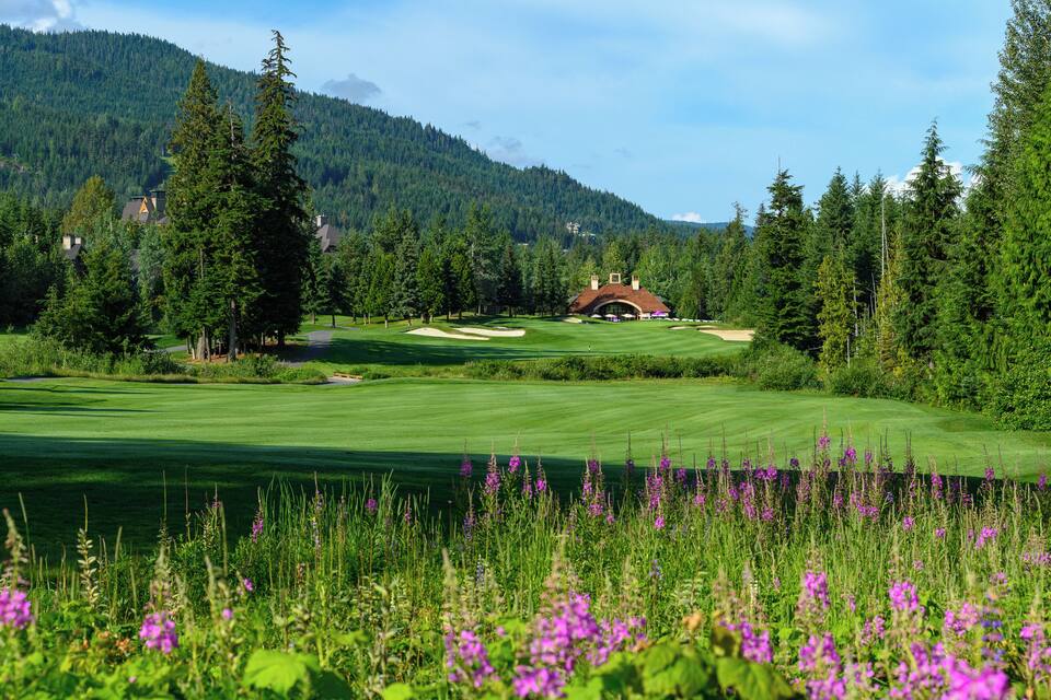 A golf course with a pond, purple flowers, and a mountain backdrop.