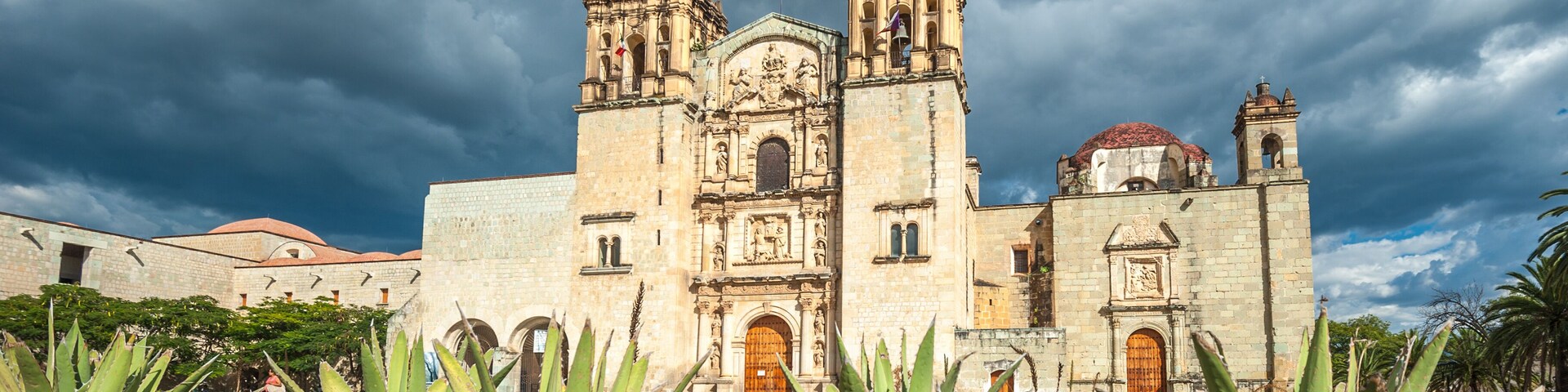 Una catedral histórica con dos campanarios, rodeada de plantas de agave.