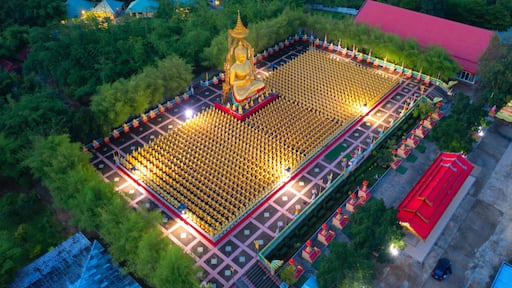 Phuttha Utthayan Makha Bucha Anusorn, Buddhism Memorial Park, Nakhon Nayok, Thailand pagoda is a buddhist temple near Bangkok, an urban city town, Thailand. Tourist attraction landmark.