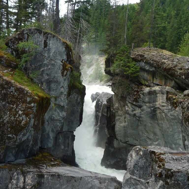A waterfall cascading through a rocky gorge surrounded by dense forest.
