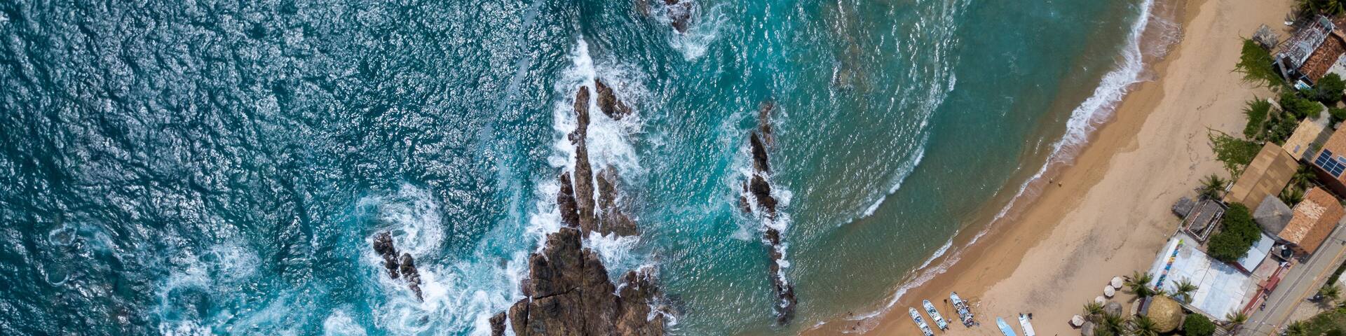 Aerial view of Mazunte beach located in the State of Oaxaca, Mexico