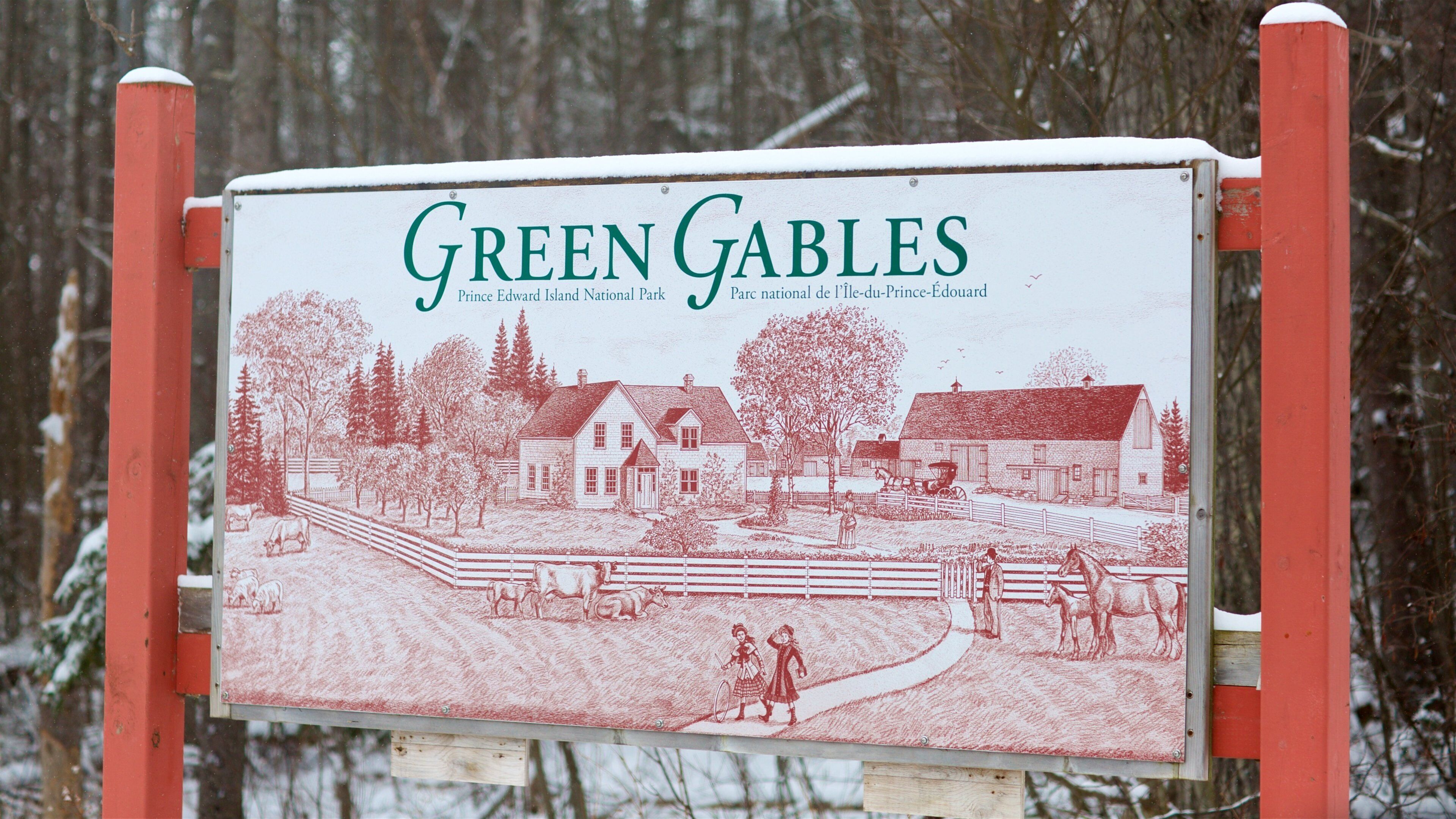 Green Gables which includes snow and signage