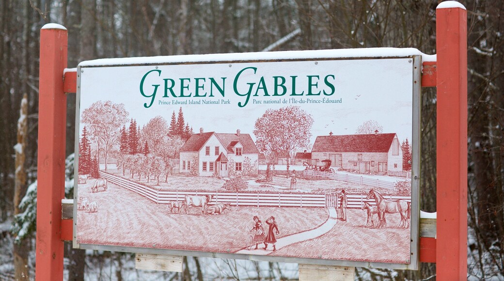 Green Gables which includes snow and signage