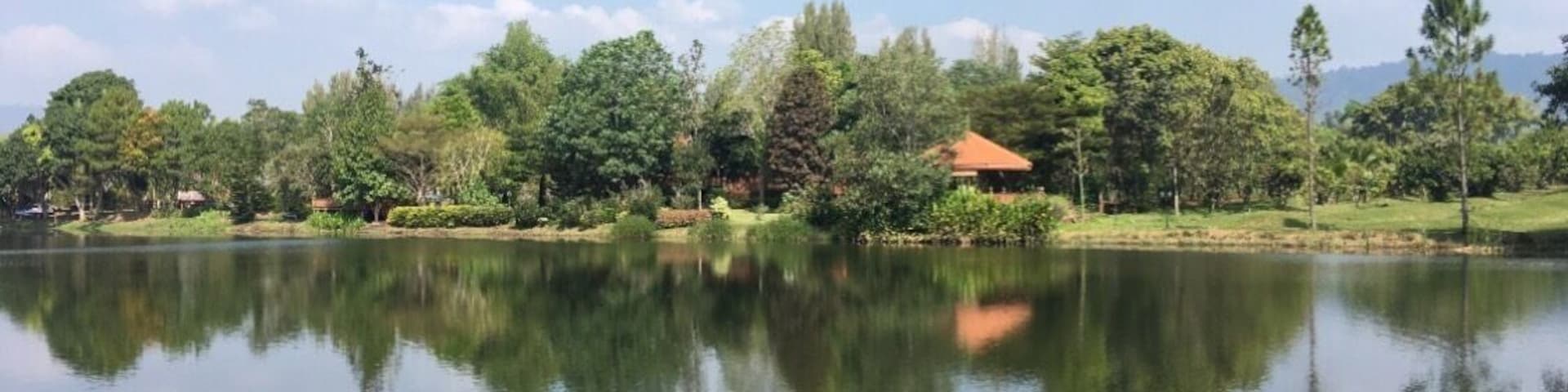 I'm at "โรงคั่วกาแฟ" or roasting coffee factory in Wang nam kiew district in Thailand. The small hidden place that is not only good for coffee or free wifi :), but this amazing river view! 
By the way, this area is claimed to have the world's seventh highest ozone concentration. :)