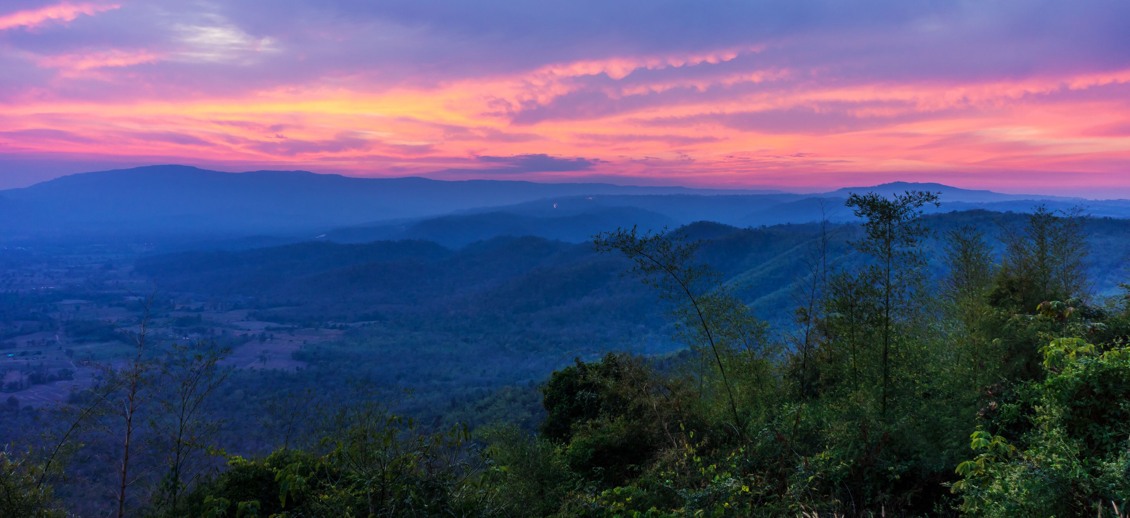 Panorama of Wang Nam Khiao District view from Pha Kep Tawan Viewpoint. Scenery in Nakhon Ratchasima, Thailand, Southeast Asia.