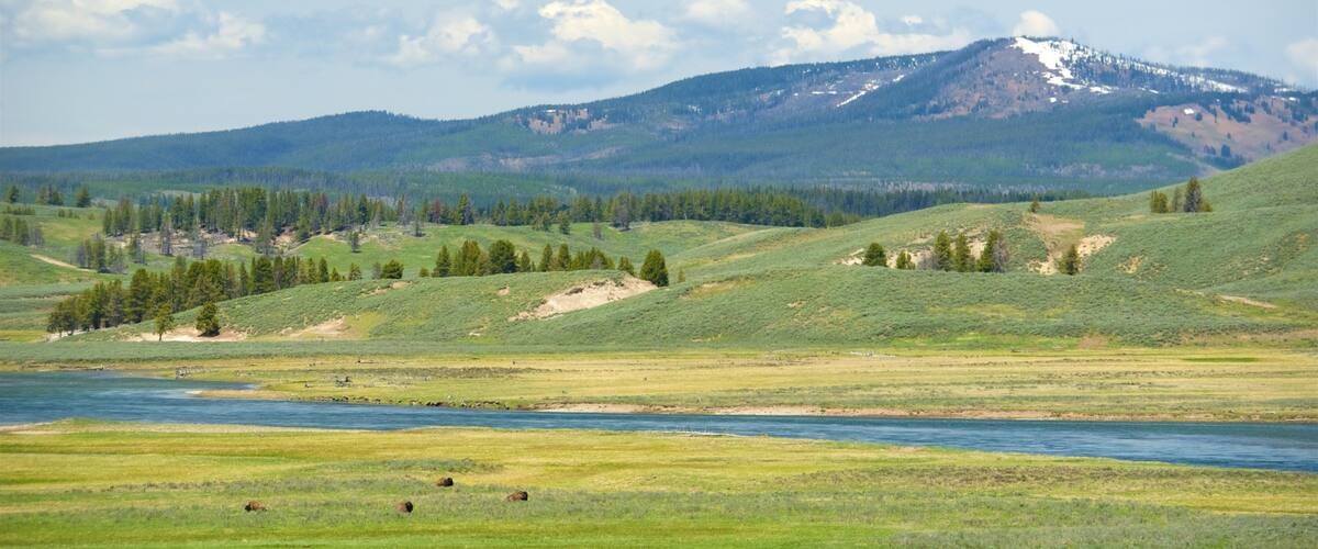 A river flowing through a grassy valley with hills and a mountain in the background.