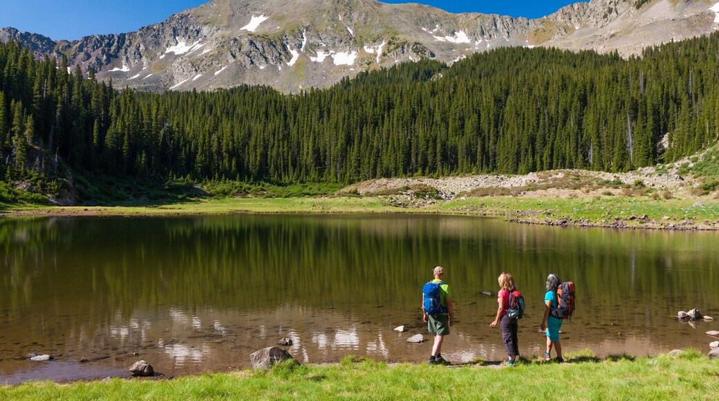 Hikers admiring still lake in rural landscape