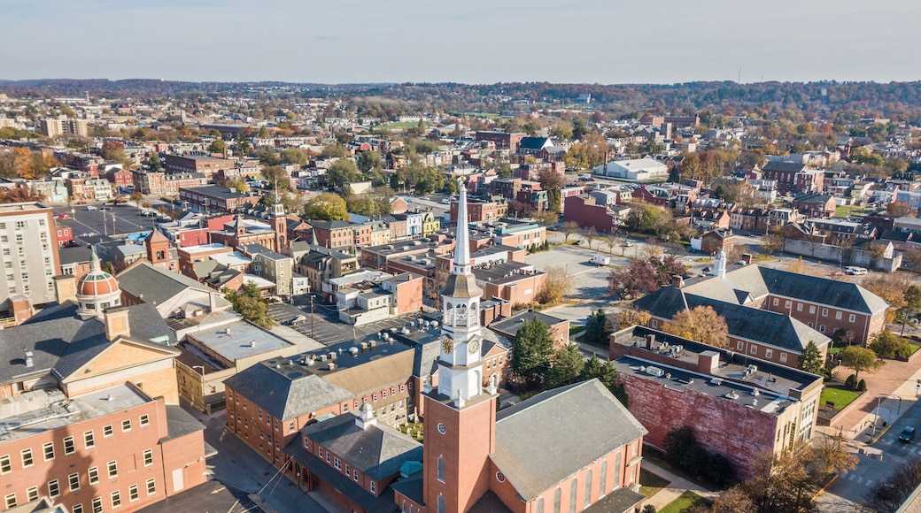 Aerial of Downtown York, Pennsylvania next to the Historic District in Royal Square