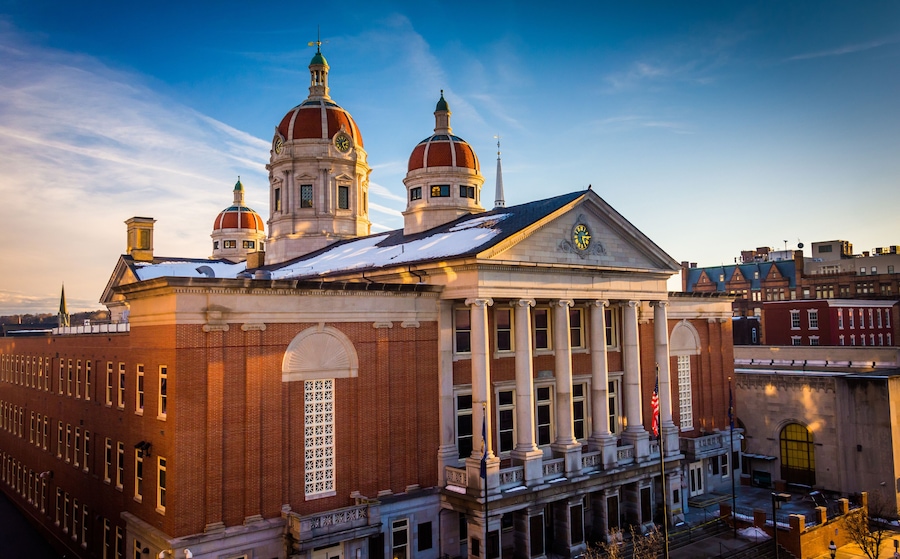 Evening light on the York County Courthouse, in downtown York, Pennsylvania