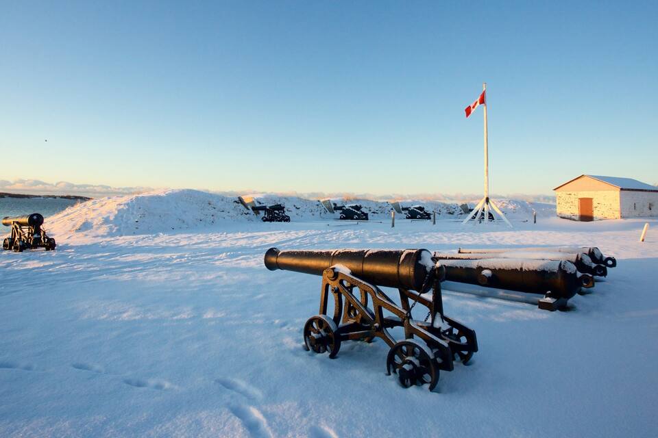 Snow-covered cannons and a flagpole in a snowy landscape.